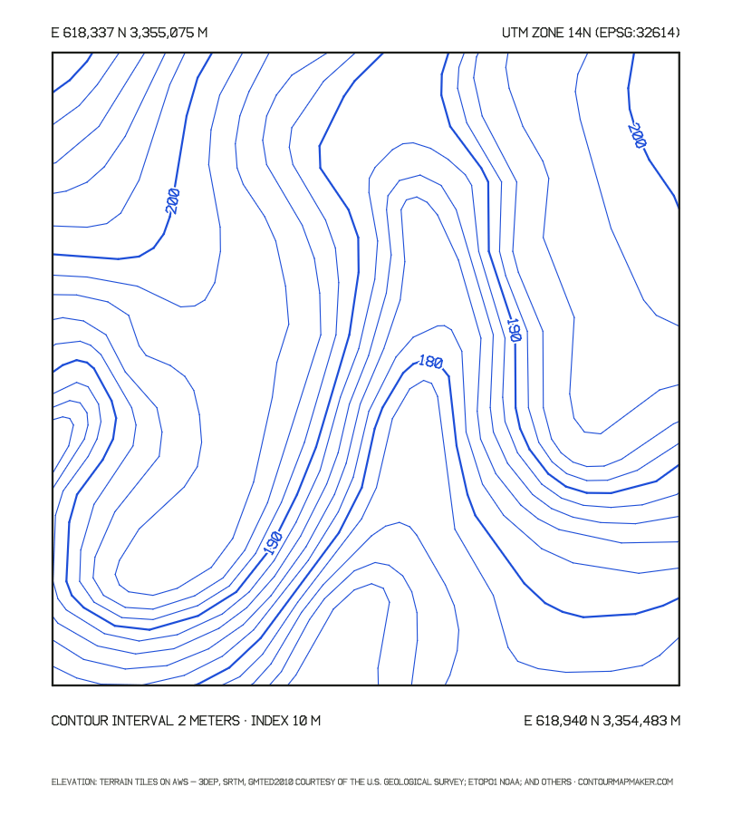 Austin hillside lots, UTM 14N: 2 m contour map of Mount Bonnell, Austin, Texas