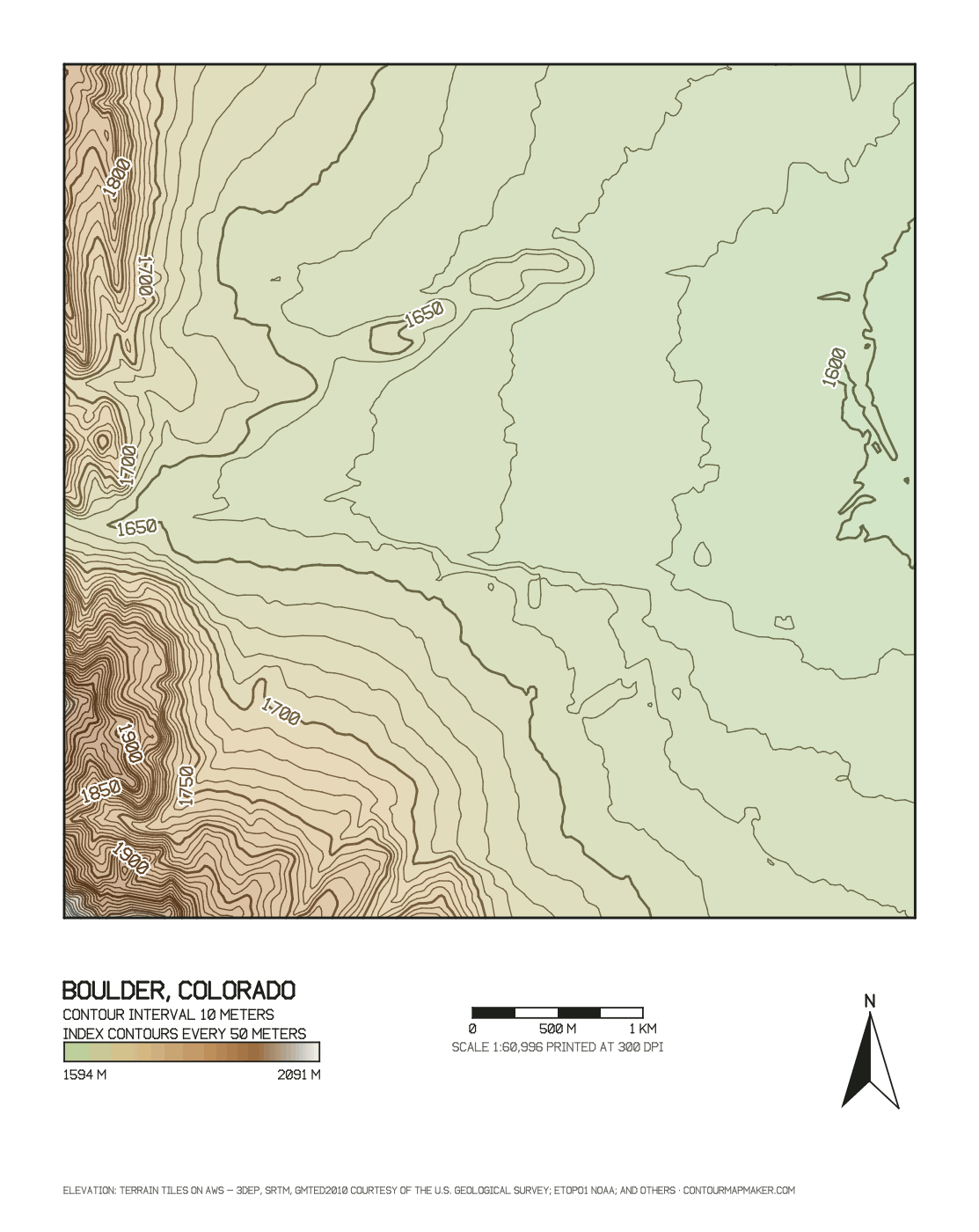 Boulder, Colorado topographic sheet with elevation tints, labeled index contours, scale bar, legend and north arrow