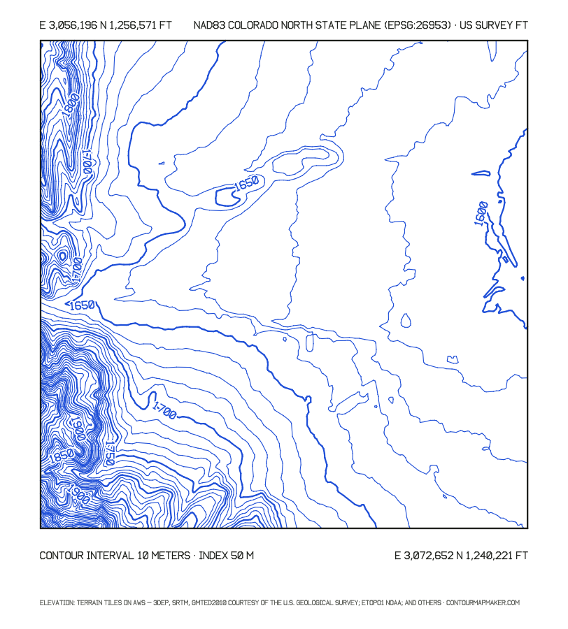 Boulder in Colorado State Plane North (US ft): 10 m contour map of Boulder, Colorado