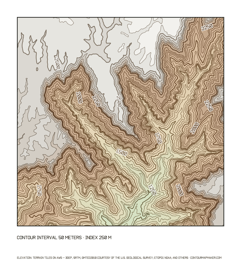 Grand Canyon, Bright Angel Point: 50 m contour map of Bright Angel Point, Arizona