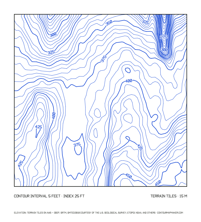 Queen Anne, Seattle, Washington: the same 5 ft contours from the free Terrain Tiles · 15 m grid (source 10–30 m) data