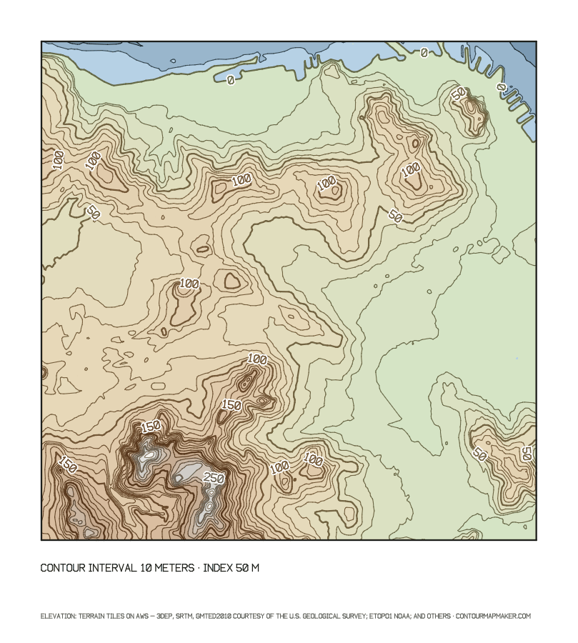 San Francisco with bay depths: 10 m contour map of San Francisco, California